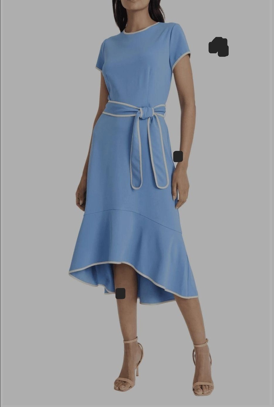 Maggy London Dress Womens 16 Blue Belted Cap Sleeve Hi Low Hem Fit Flare Party